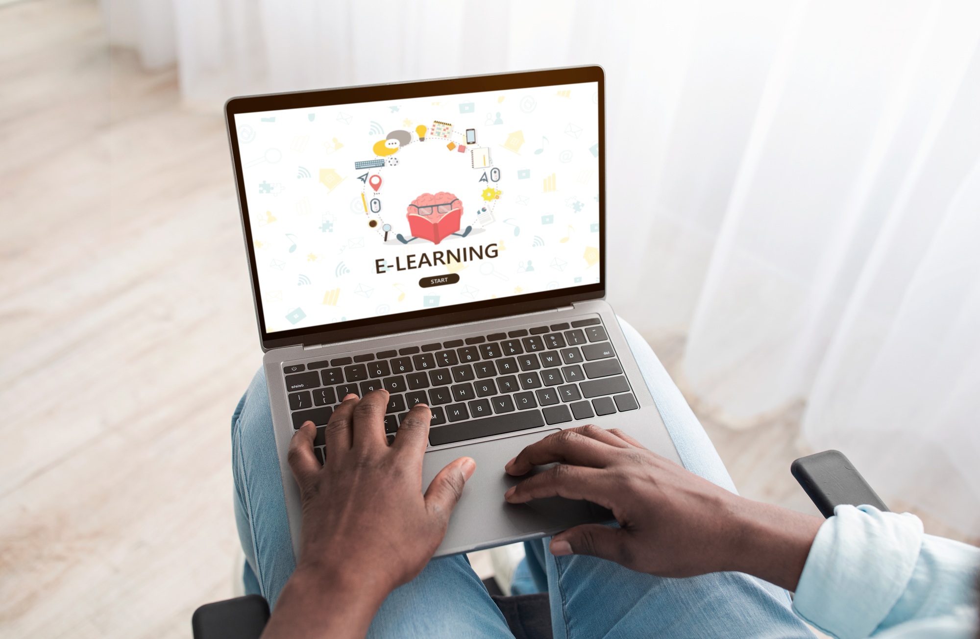 Black Man Study With Laptop At Home, Browsing E-Learning Website On Laptop